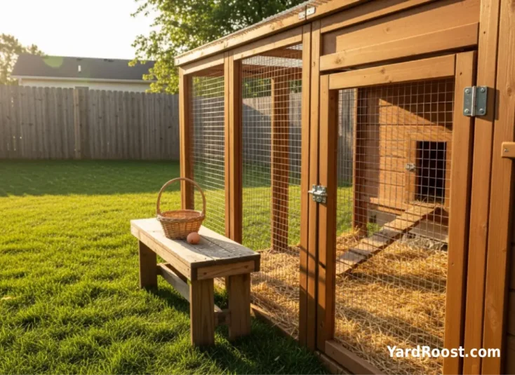 Close-up of a secure coop door latch and hardware cloth run panels in a suburban Ohio backyard at golden hour.