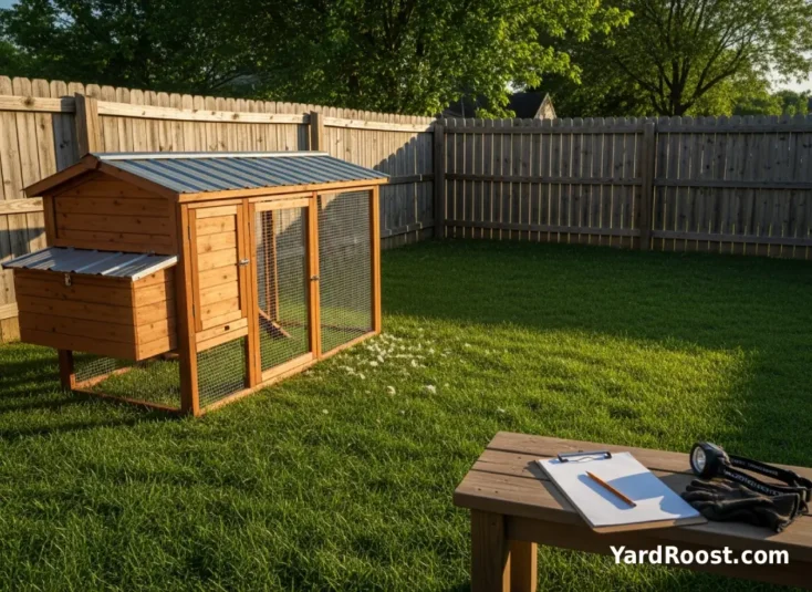 A clipboard and supplies beside a coop run with scattered feathers near the grass.