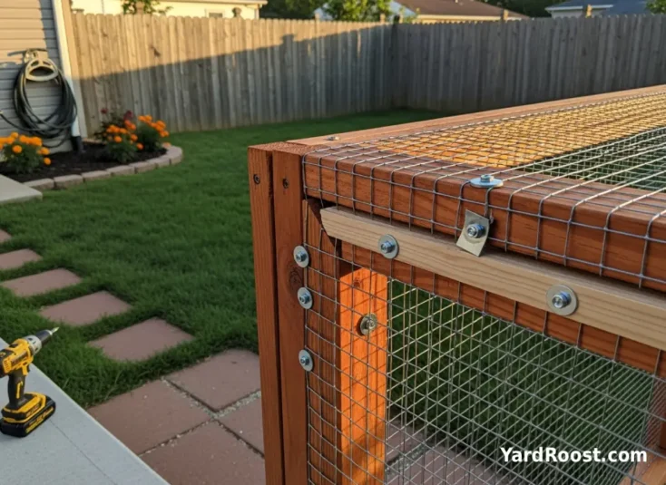 Close-up of tightly fastened hardware cloth mesh on a chicken run panel with small openings.