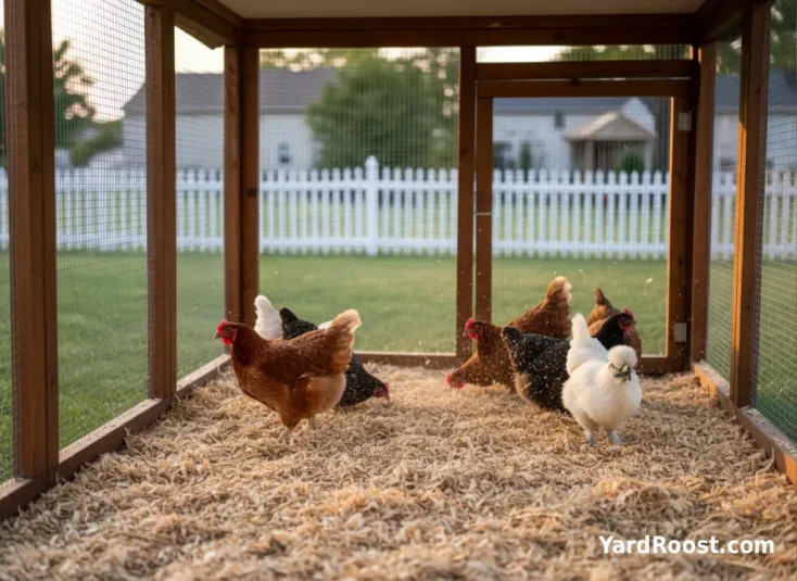 Backyard chicken coop and run showing hens scratching in deep litter bedding.