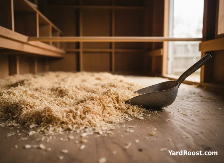 Coop floor receiving a fresh base layer of pine shavings as the start of deep litter.
