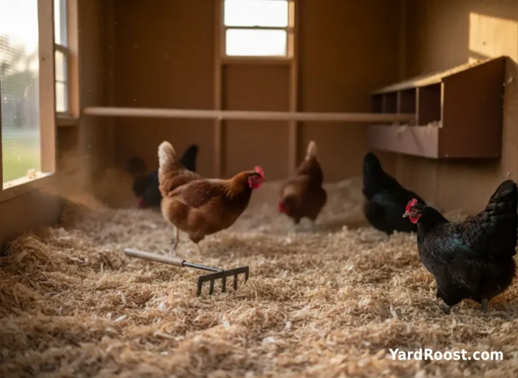 Deep litter floor in a coop being fluffed with a small rake to keep it dry and active.