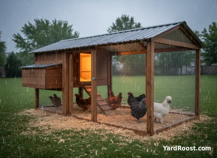 Covered chicken run with dry deep litter protected from rain.