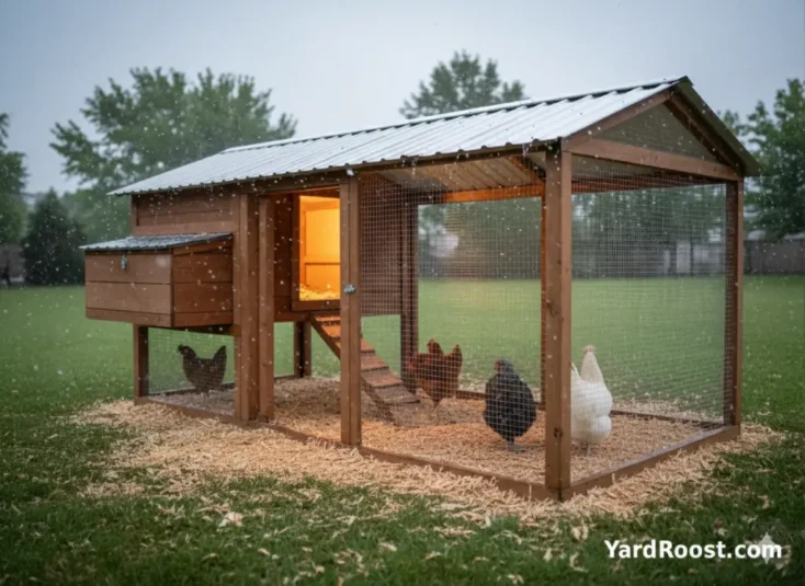 Snowy backyard chicken coop
