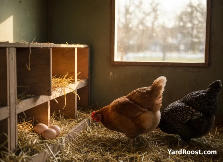 A small backyard flock of hens in an Ohio coop standing by nest boxes with a few fresh eggs in straw.