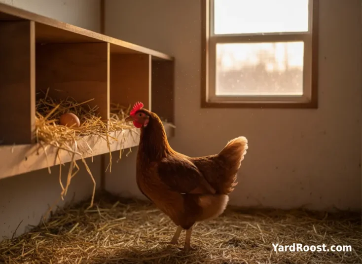 Nearly empty nest boxes inside an Ohio backyard coop, with a hen looking in and only one egg visible.