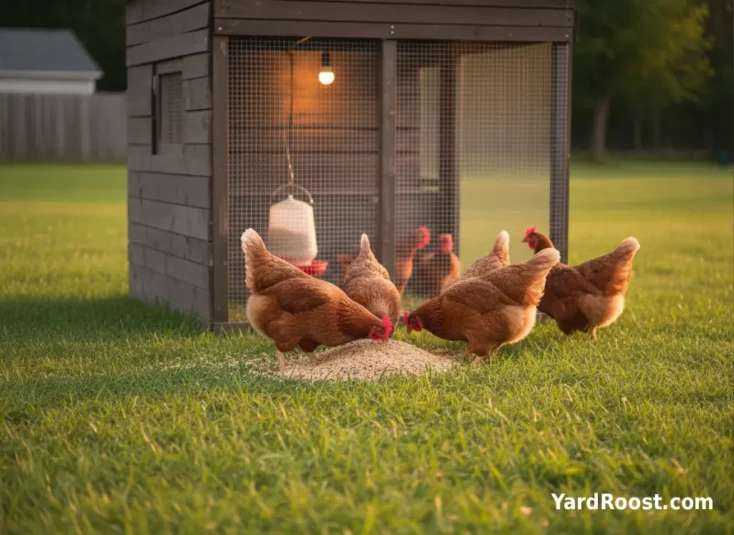 Ohio backyard coop run with hens eating spilled scratch grain on the ground while the main feeder is still full.