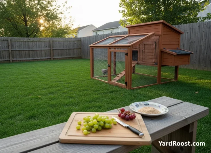 grapes on a cutting board with a small knife beside a backyard chicken coop and run.