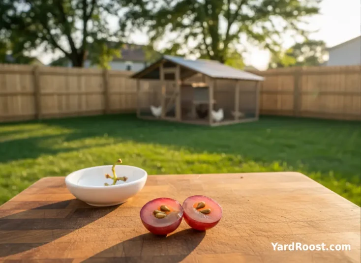A halved seeded grape on a cutting board with small grape seeds visible near a backyard chicken run.