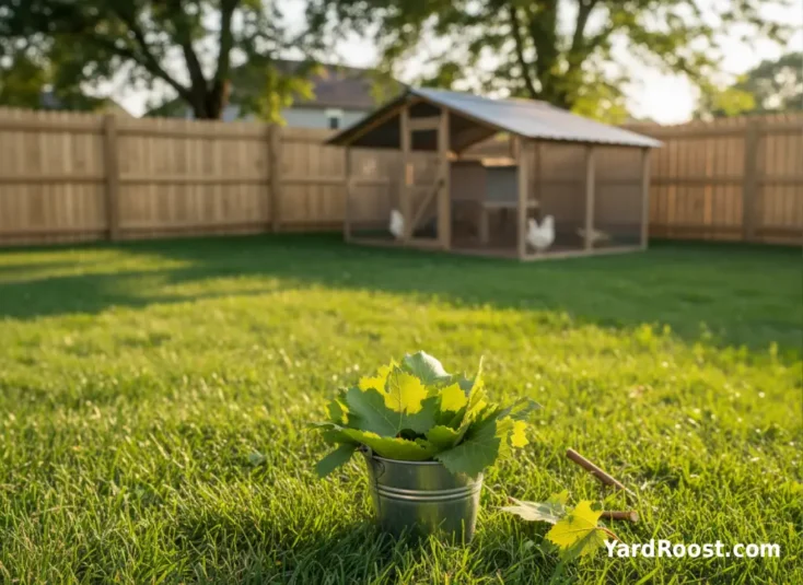 A bucket of fresh grape leaves and trimmed vine pieces placed beside a backyard chicken coop and covered run.