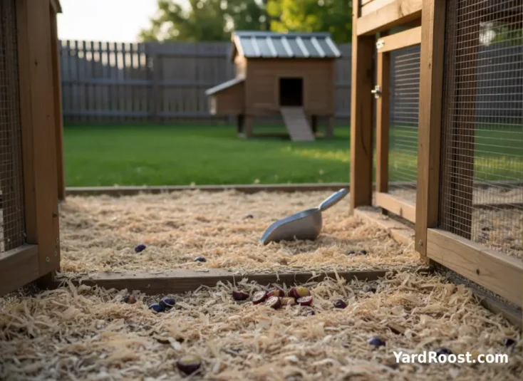 Sticky grape pieces in pine shavings near a coop doorway with a scoop nearby for cleanup.