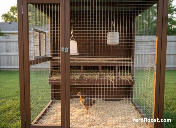 A young pullet near straw-filled nest boxes inside a clean backyard coop.
