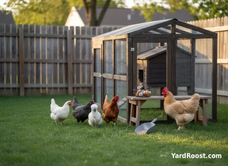 A mixed-breed backyard flock in a covered run next to a wooden coop.