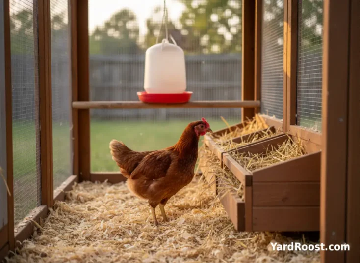 A pullet with a reddening comb checking a straw-lined nest box.