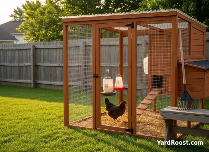 A hen exploring a quiet corner of a covered run where hidden eggs could appear.