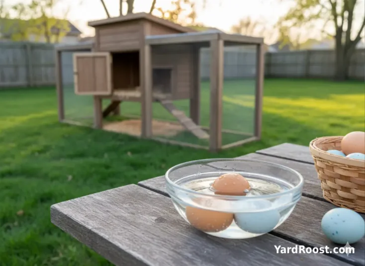 Backyard eggs in a glass bowl of water showing one floating egg and several sinking eggs beside a small coop.