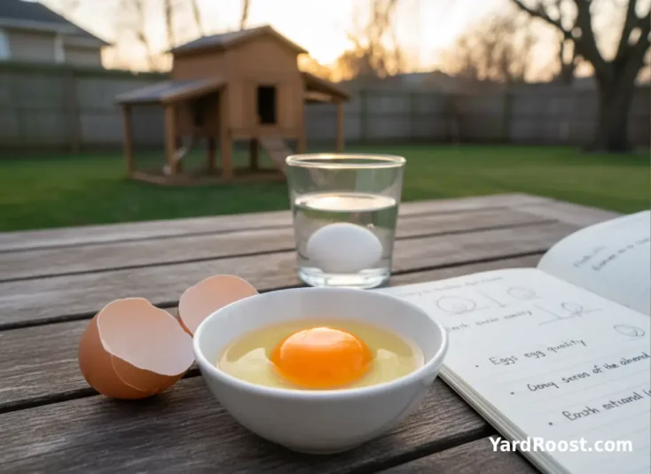 Cracked backyard egg in a bowl showing normal yolk and white for a safer freshness check.