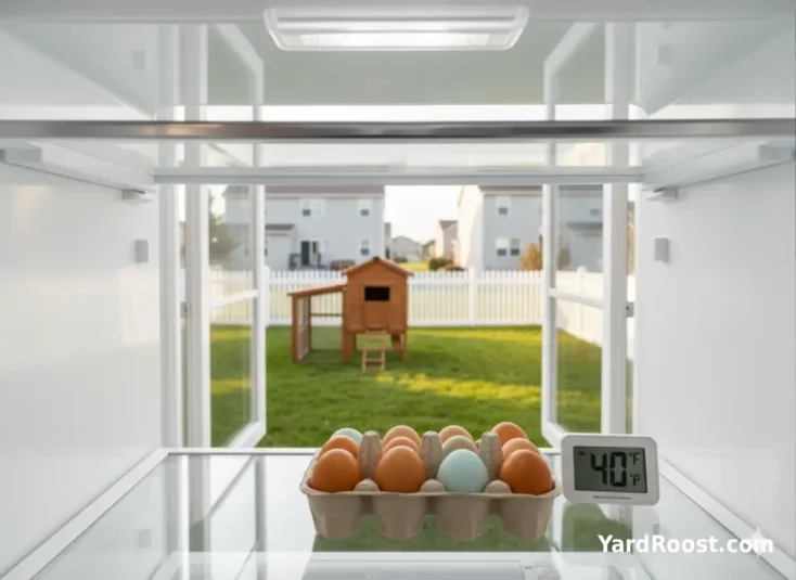 Backyard egg carton stored in the main refrigerator compartment next to a thermometer at 40°F.