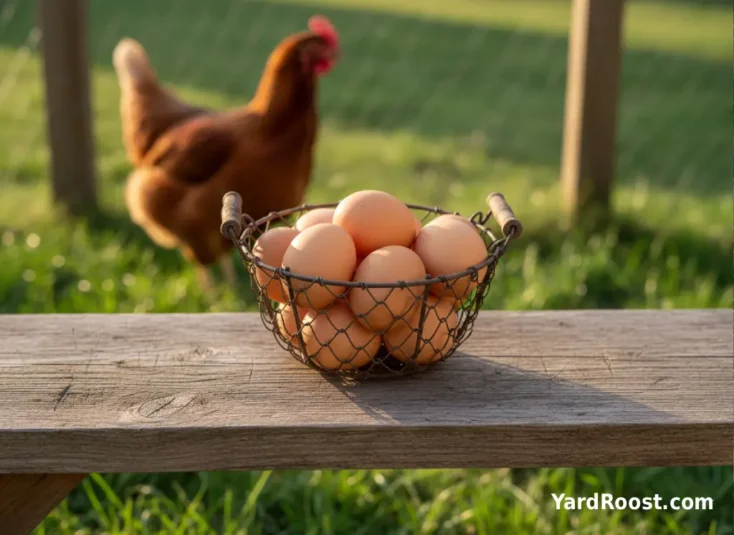 Basket of clean brown Golden Comet eggs beside a coop.