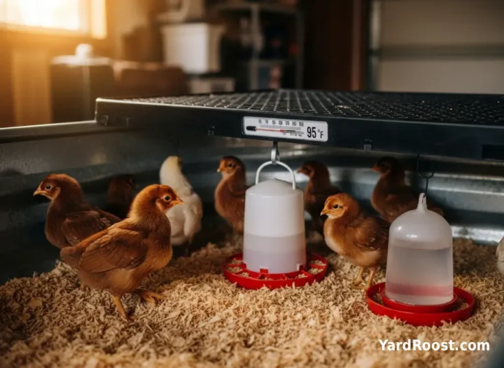Golden Comet chicks in a pine-bedded brooder under a brooder plate.