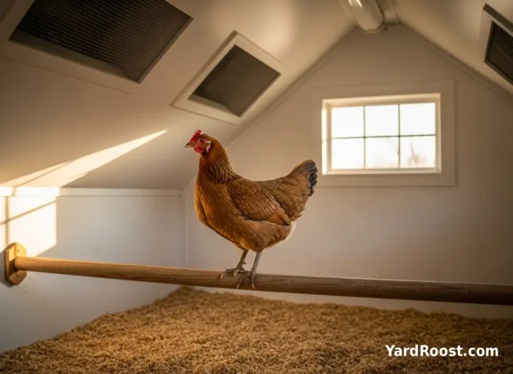 Golden Comet hen on a roost bar in a clean coop interior.