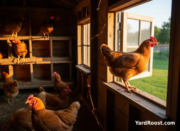 Overcrowded Golden Comet hens inside a small coop.