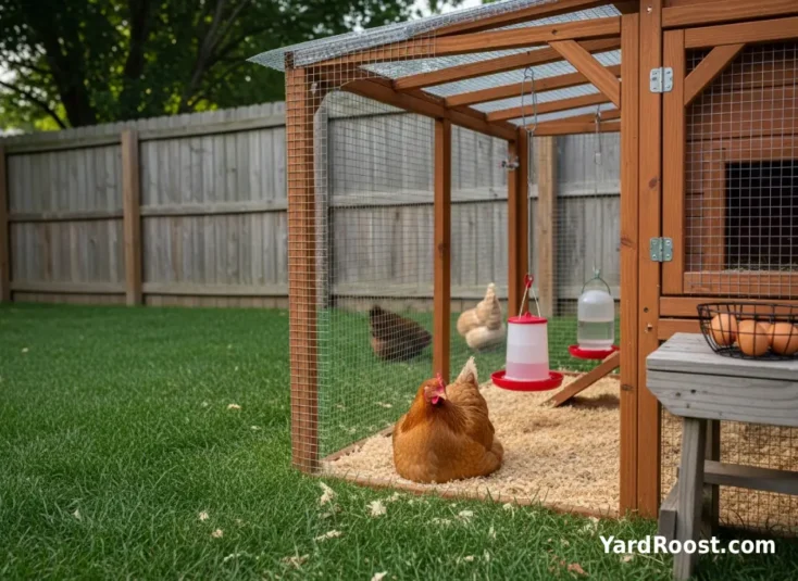 Hen sitting fluffed up with eyes half-closed in a shaded coop corner while flockmates forage nearby.
