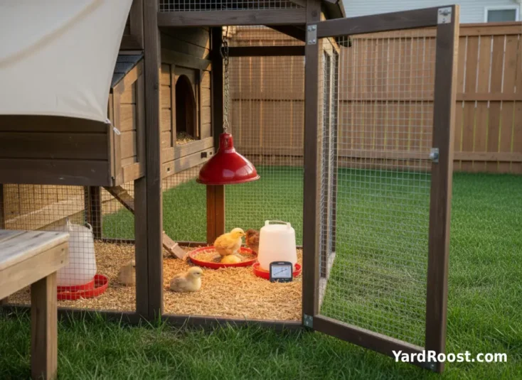 Brooder thermometer under a heat lamp with chicks spread evenly instead of huddled together.