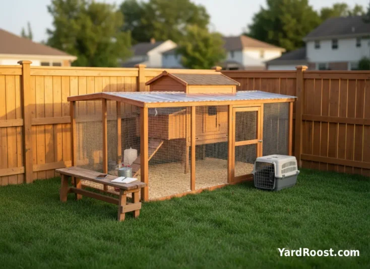 Phone, notepad, and a small carrier set by the coop, ready for a veterinary call if symptoms worsen.
