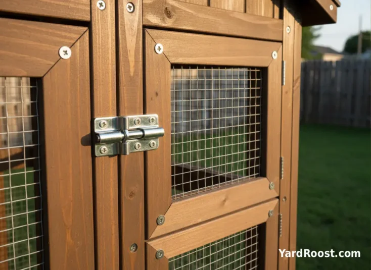 Close-up of a sturdy coop door with a secure latch and hardware cloth over a vent in an Ohio backyard coop