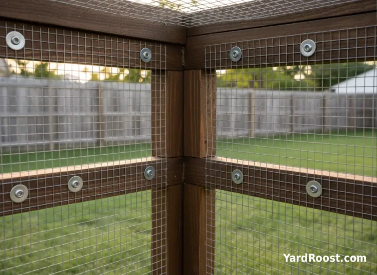 Secure coop run corner showing double-layer barrier to prevent raccoon reach-through in an Ohio backyard
