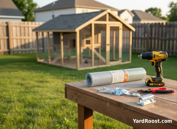 Checklist items on a coop workbench: hardware cloth, screws with washers, and a sturdy latch in an Ohio backyard