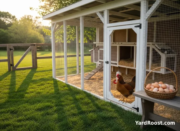 A hen stands by nest boxes in a backyard coop with an egg basket on a bench.