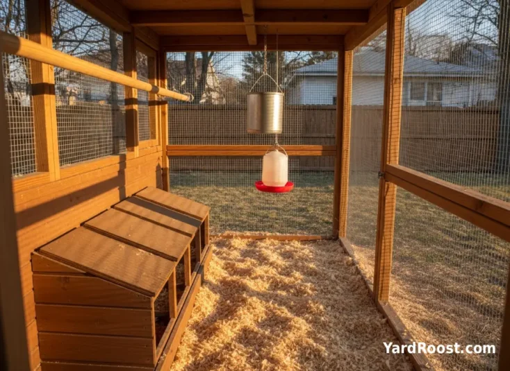 Coop interior with nest boxes, pine shavings, and hanging feeder and waterer.