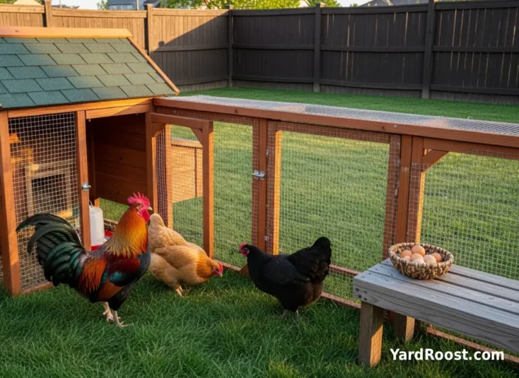 A rooster stands near hens in a covered run with hardware cloth and a secure latch.