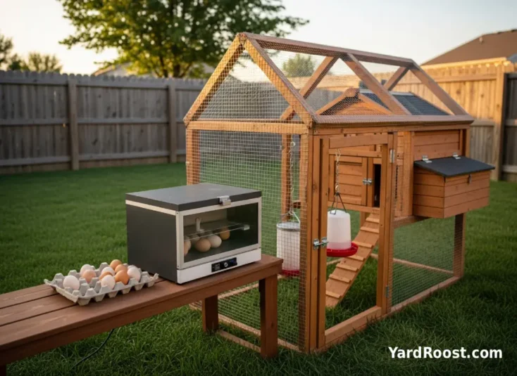 A small egg incubator and a tray of eggs on a bench beside a backyard coop.