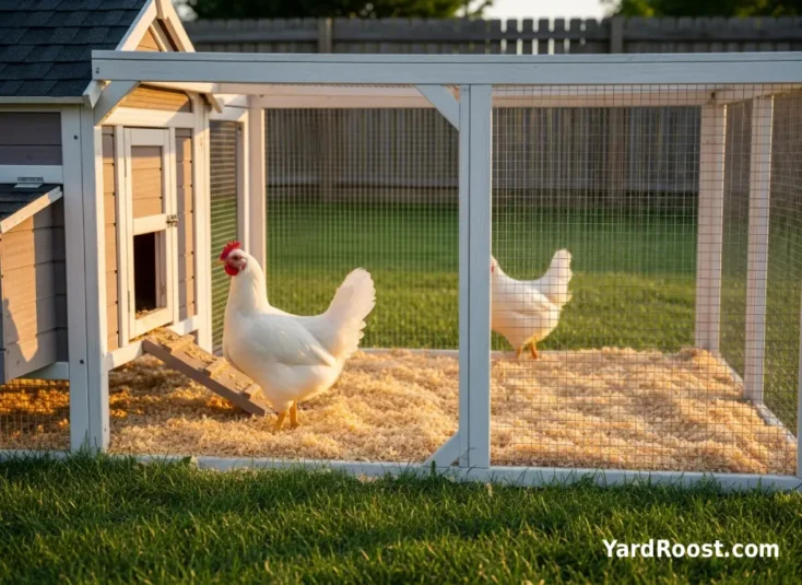 White Leghorn hen with a large red comb near a backyard coop and covered run.