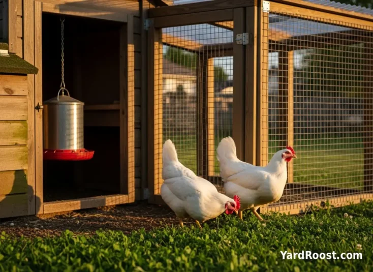 Two white Leghorn chickens foraging near a backyard coop and run.