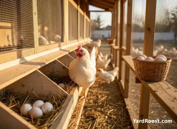 Basket of white eggs in a backyard coop with a white Leghorn hen nearby.