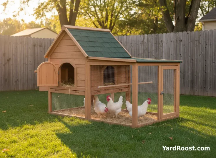 Backyard coop with covered run and several white Leghorn hens inside.
