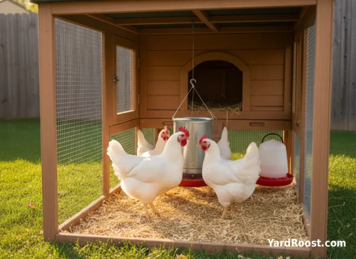 White Leghorn hens eating from a hanging feeder in a clean coop.