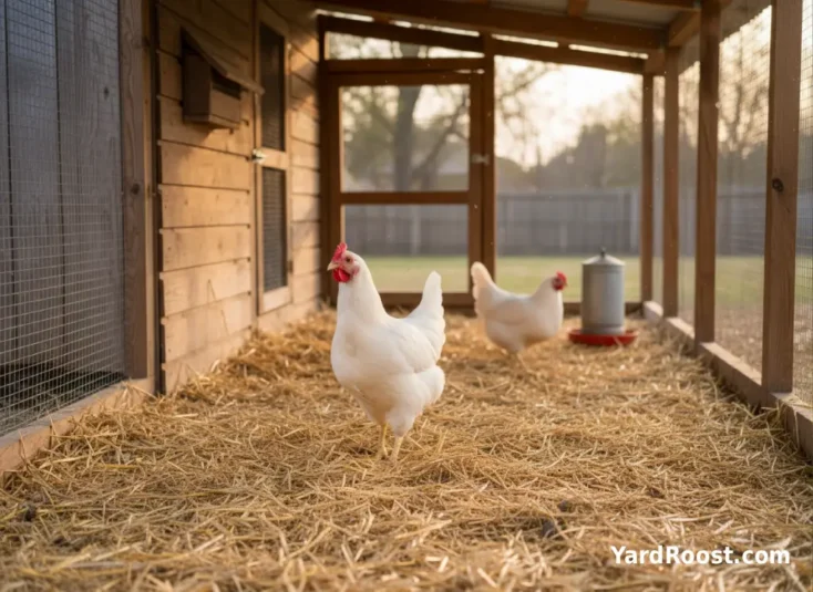 White Leghorn hen walking in a clean covered run, looking alert and healthy.