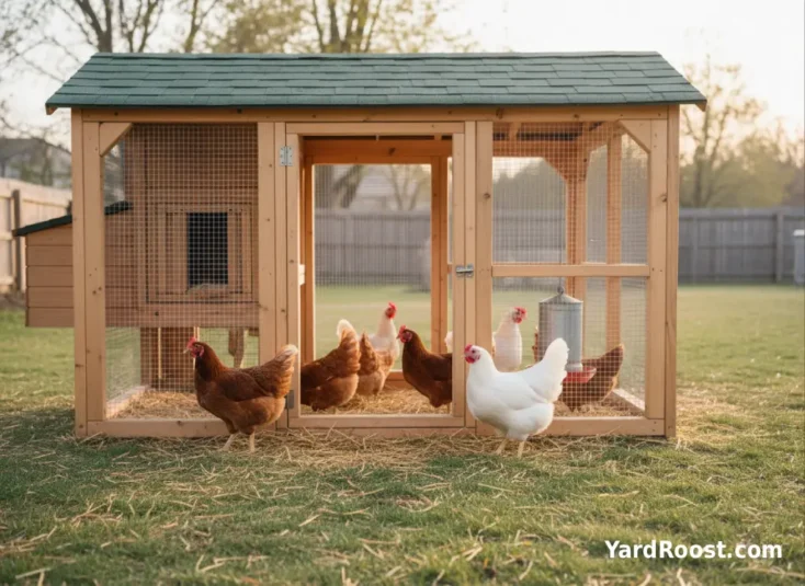 Mixed backyard flock including white Leghorn hens in a secure coop and run.
