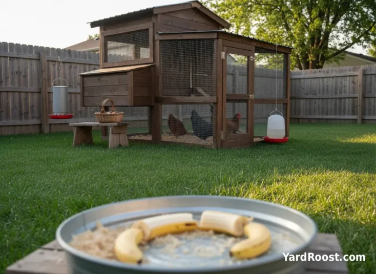 A peeled banana broken into small chunks on a feed pan inside a covered chicken run.