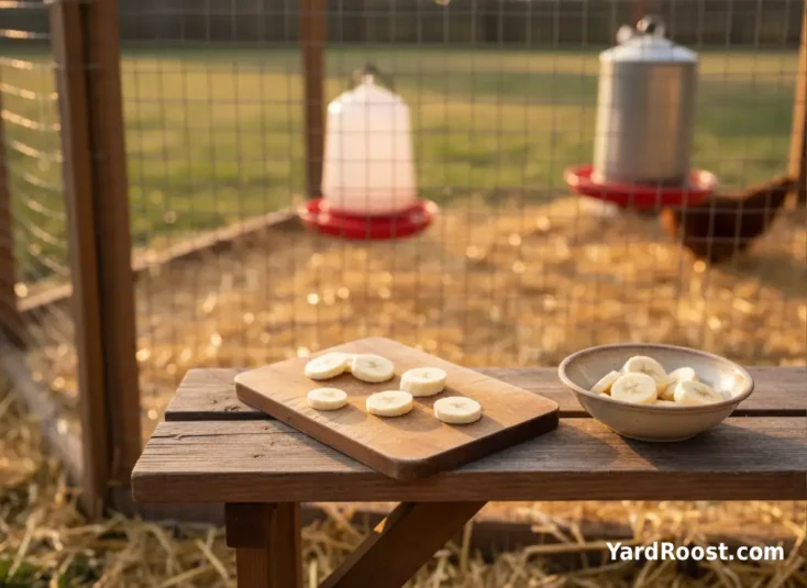 Banana sliced into thin coins on a cutting board beside a chicken feeder in a covered run.
