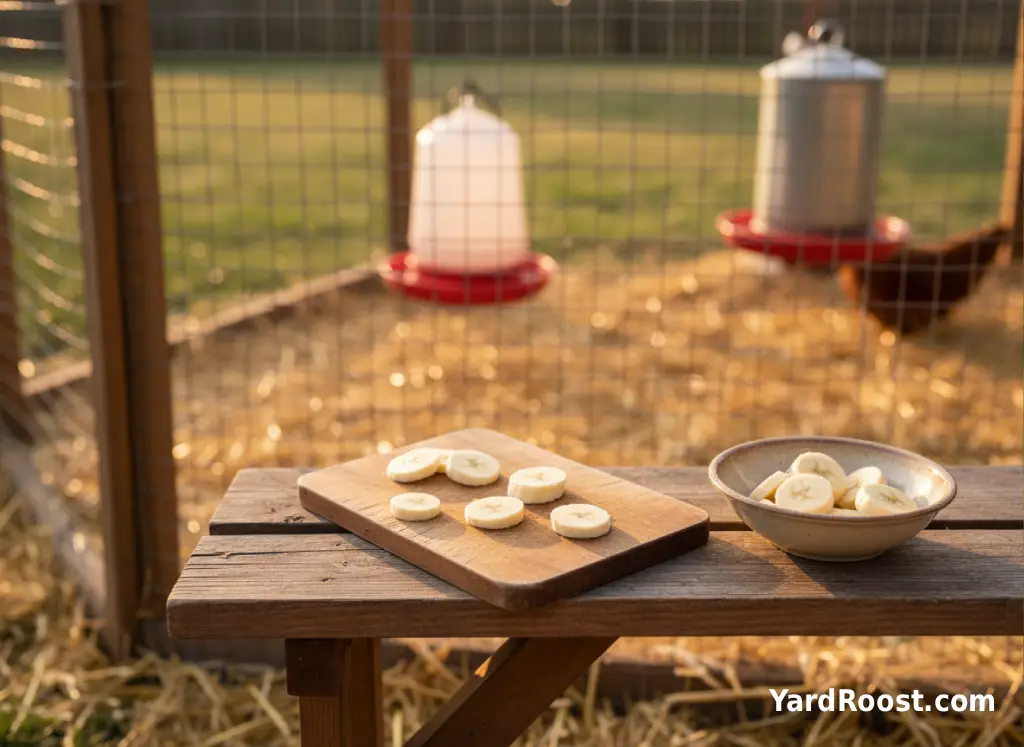 Banana sliced into thin coins on a cutting board beside a chicken feeder in a covered run.