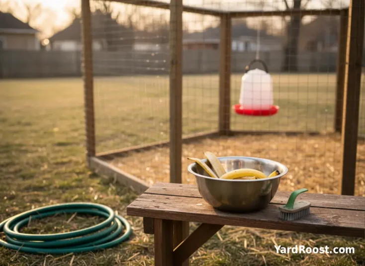 Washed banana peel chopped into small strips in a bowl beside a backyard chicken coop.