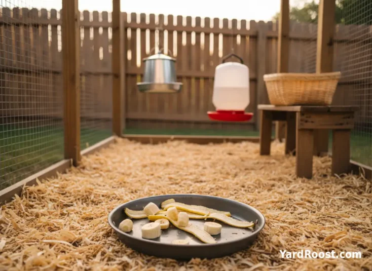 Banana chunks mixed with chopped banana peel strips in a shallow pan inside a chicken run.