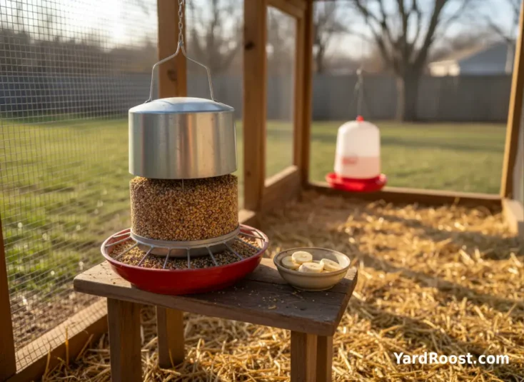 A full pellet feeder with a small dish of banana slices showing treats versus complete feed.