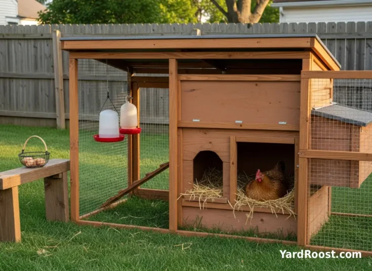 A fluffy hen settled deep in a nest box in a small Ohio backyard coop